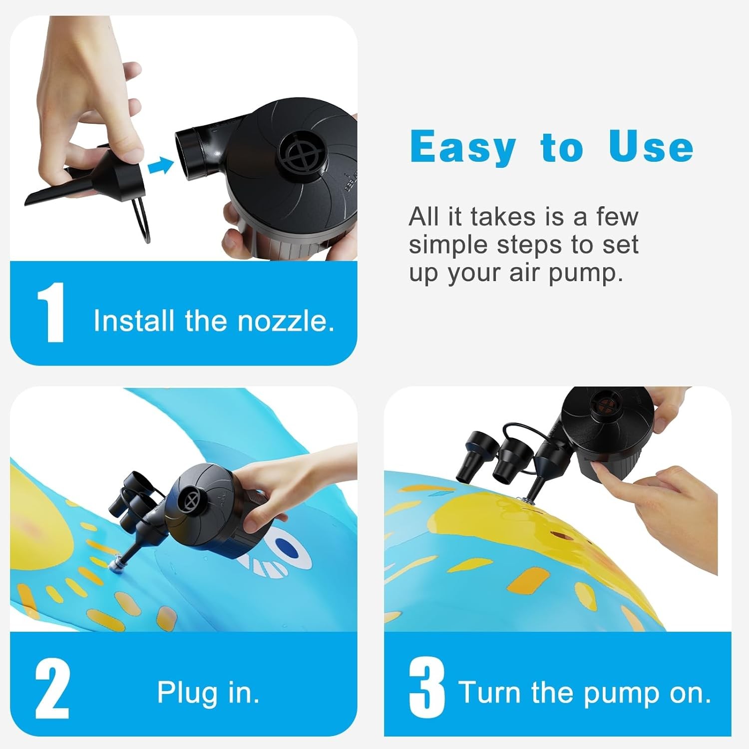 Electric Air Pump for Inflatables,Portable Quick-Fill Air Pump with 3 Nozzles