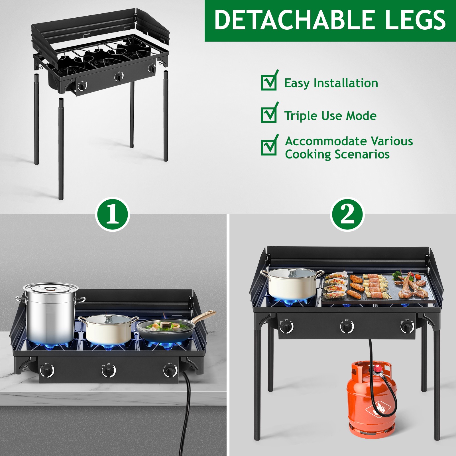 225000 BTU Powerful Three Outdoor Camping Gas Propane Stove with Removable Legs
