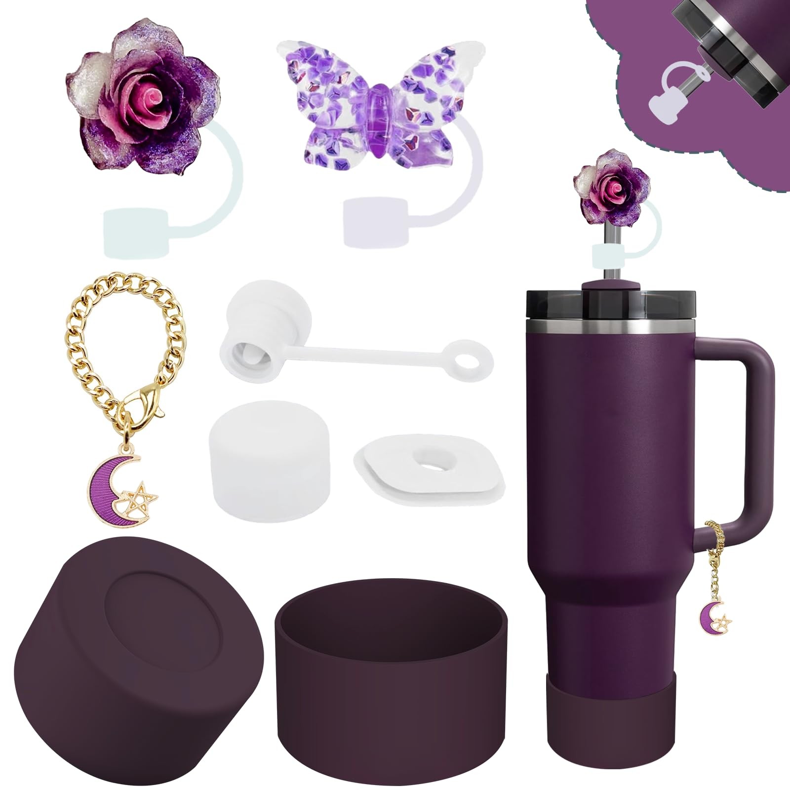 Accessories Set for Stanley 40/30oz Tumbler, Plum Straw Cover, Stopper & Boot
