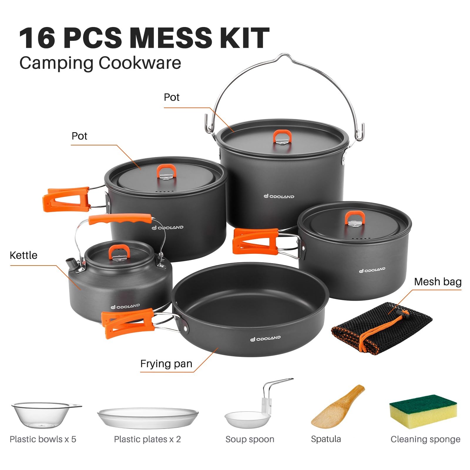18pcs Camping Cookware Large Size Hanging Pot Pan Kettle Set with Plastic Pla…