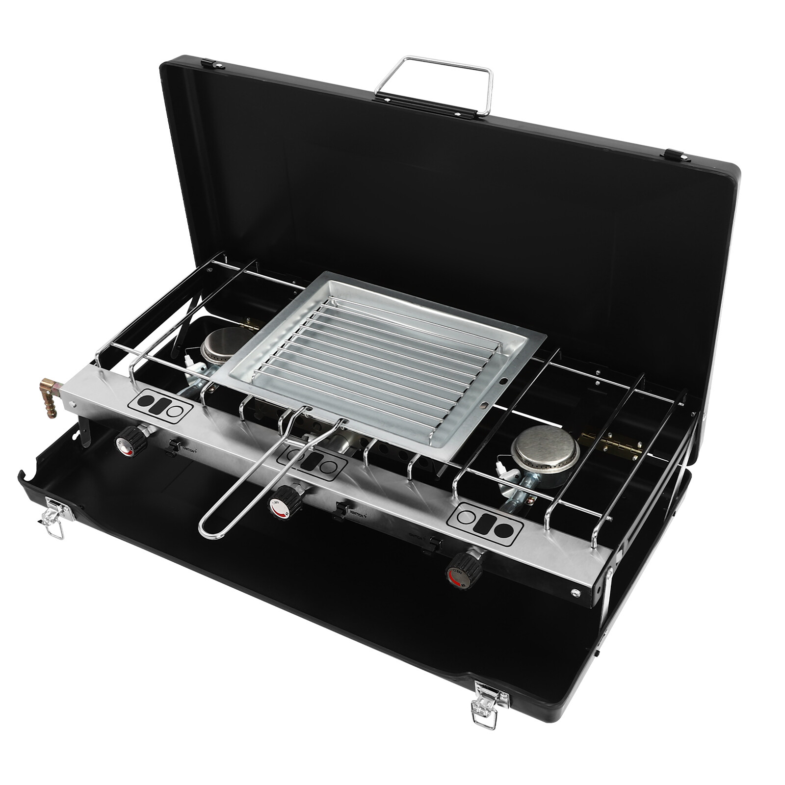 3 Burner Modern Portable Cooking Propane Butane Gas Camping Stove W/ Grid + Tray