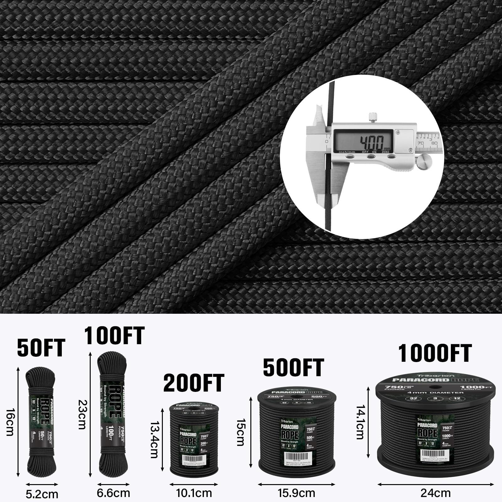 TRIBERION Paracord Rope 750 lb – 50ft 5/32″ Parachute Cord 4MM 50ft, Black