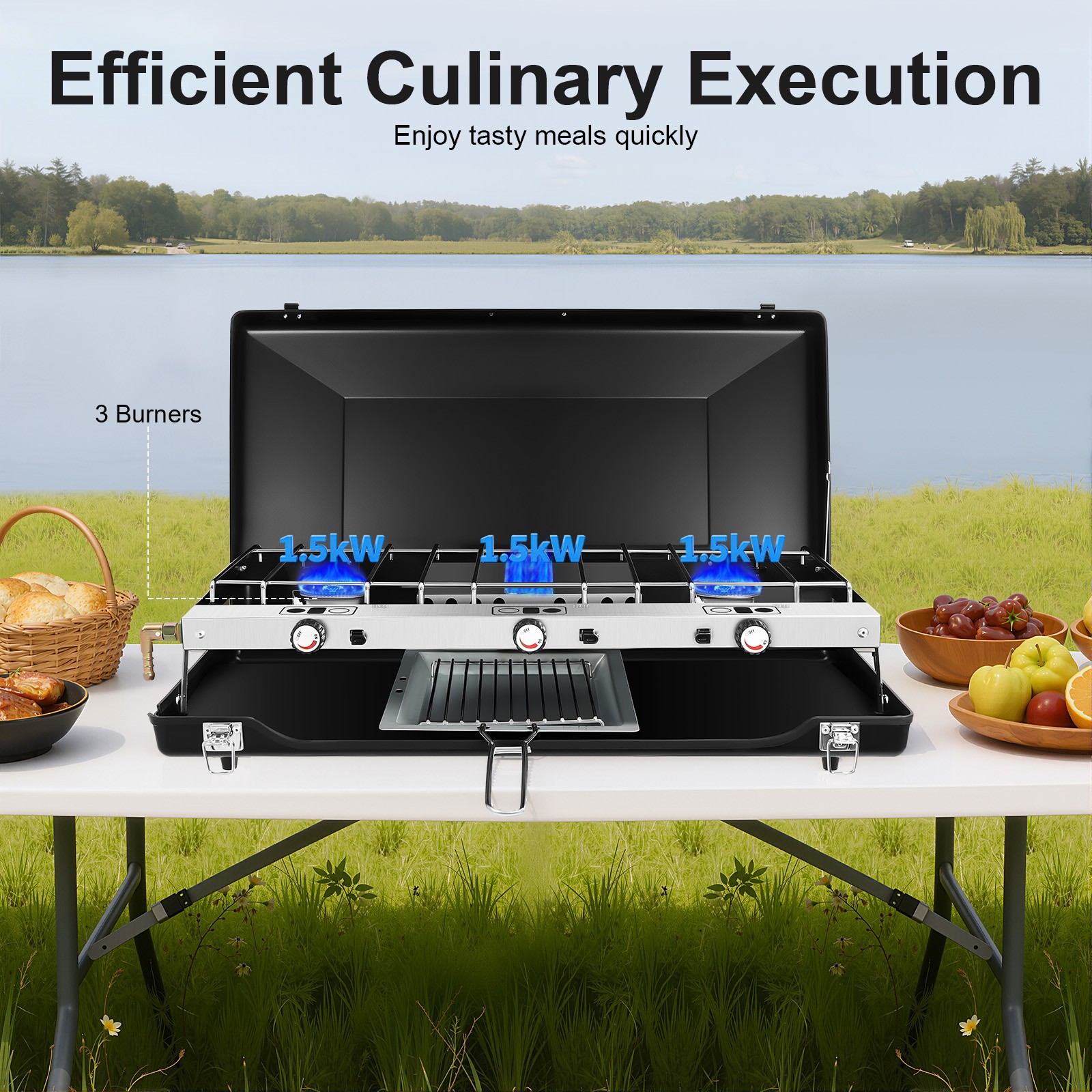 3 Burner Modern Portable Cooking Propane Butane Gas Camping Stove W/ Grid + Tray