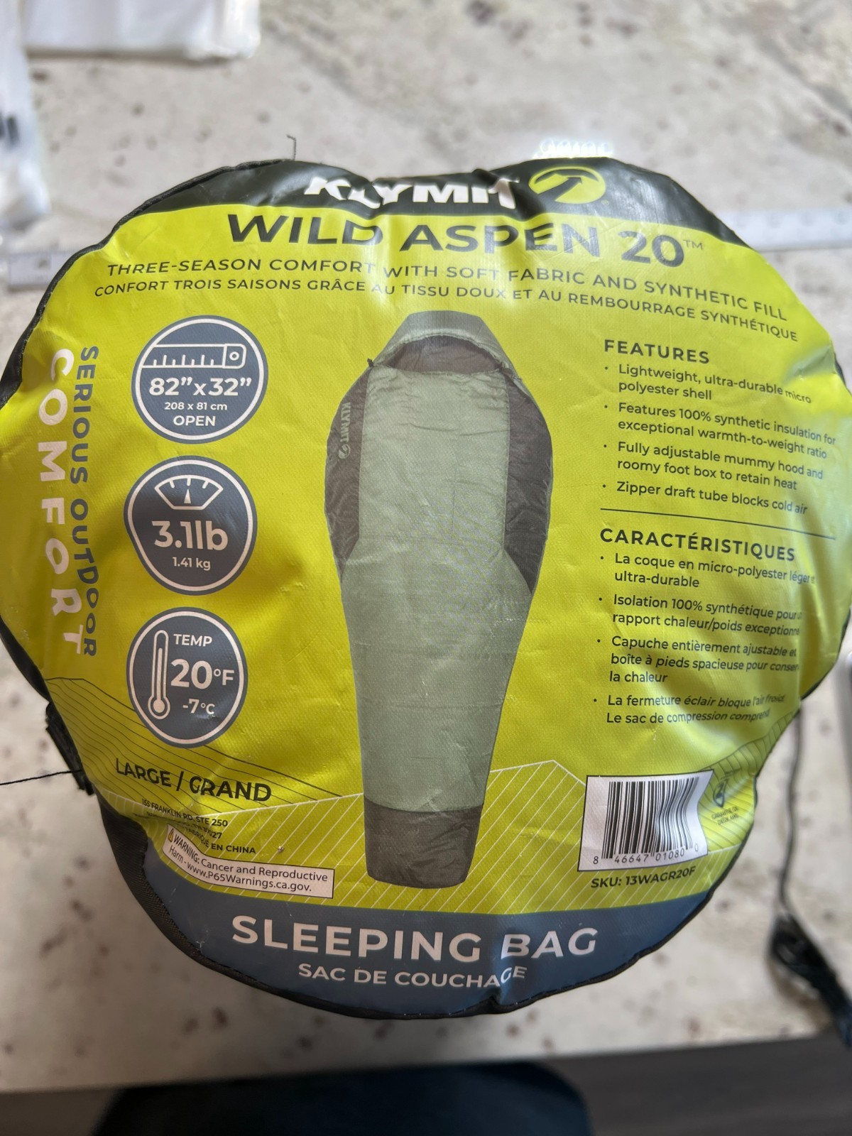 Klymit Wild Aspen 20 Regular Sleeping Bag – Green Reg 74 X 30 in