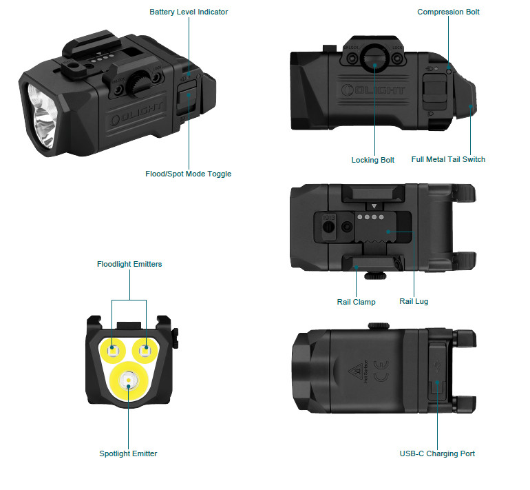 Olight PL X Tactical Light, Matte Black, 1200L, Dual Beams, Floodlight/Spotlight
