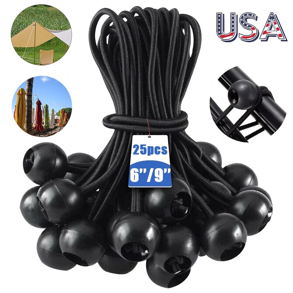 25-100pcs Black Ball Bungee Bungie Cord Canopy Tarp Tie Downs Heavy Duty 6” 9”