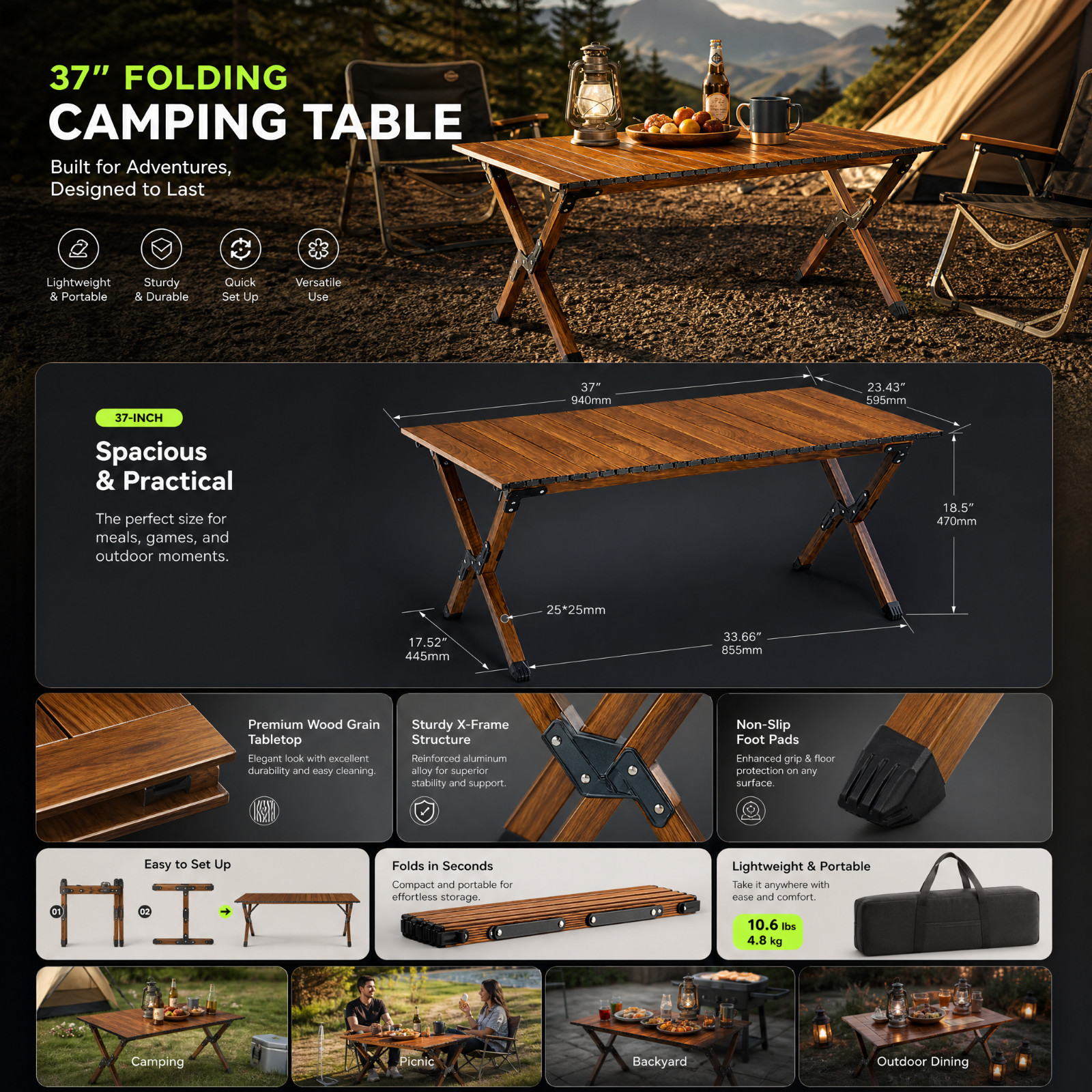 37in Portable Folding Camping Table Aluminum Picnic Table Wood Grain Brown