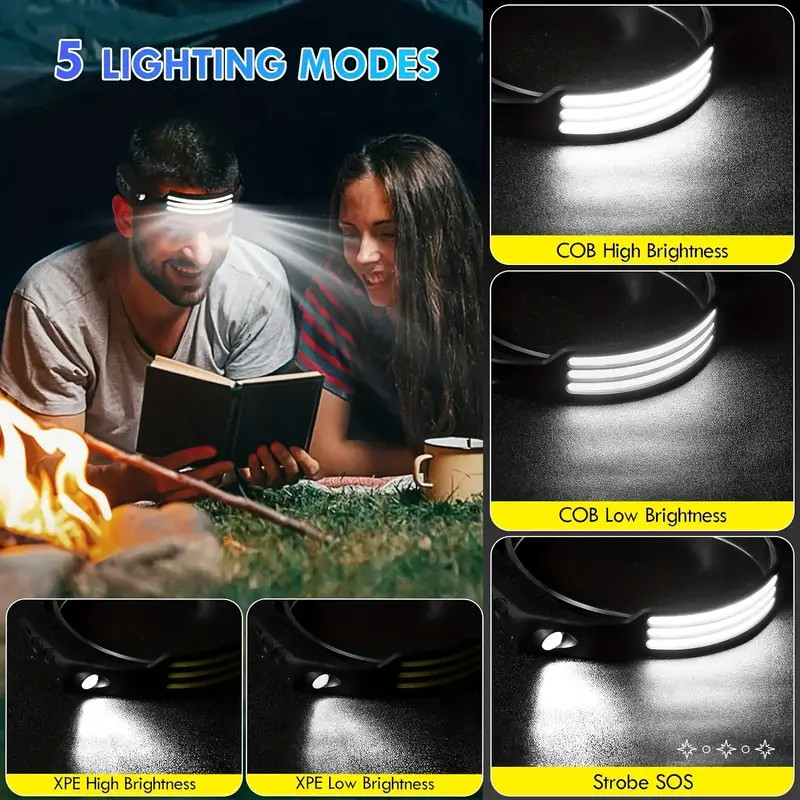 COB LED Headlamp USB Rechargeable Headlight Bar Head Band Torch Work Light 6000K