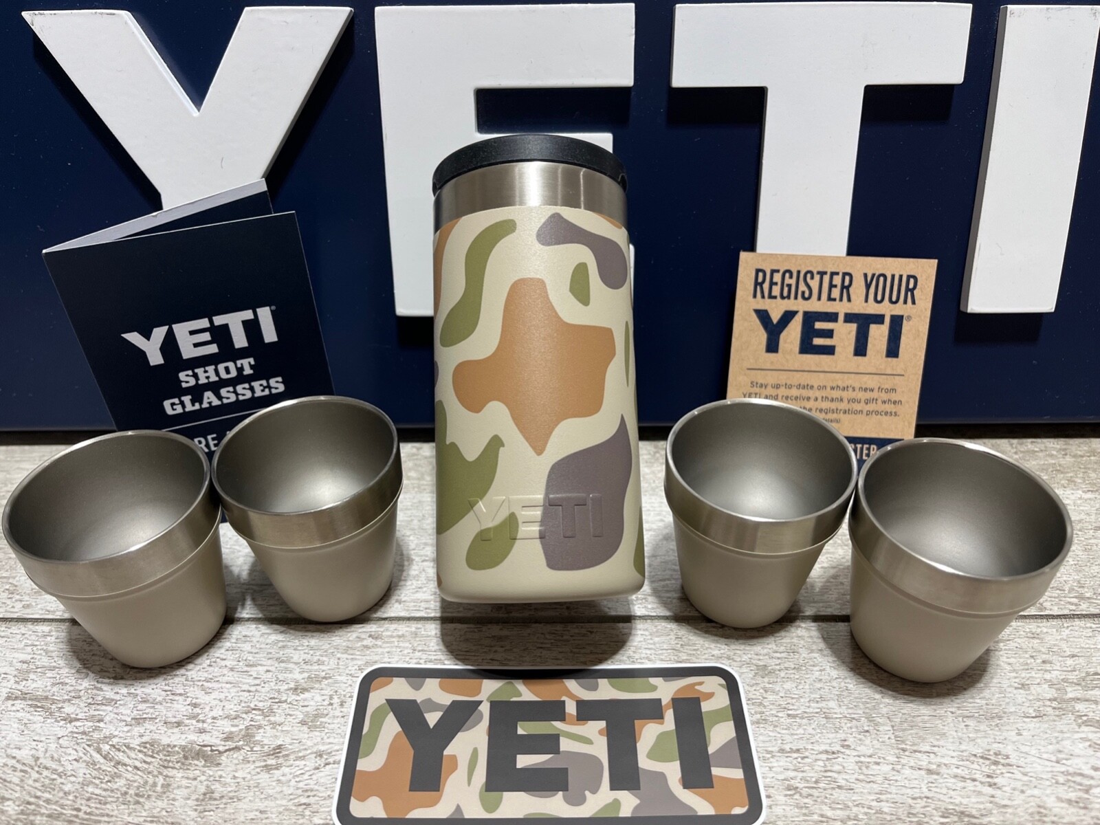 YETI SHOT GLASSES+12oz COLSTER LTD ED🦆TAN CAMO🦌🦃w/CAMO🔥Sticker&Carrying Case