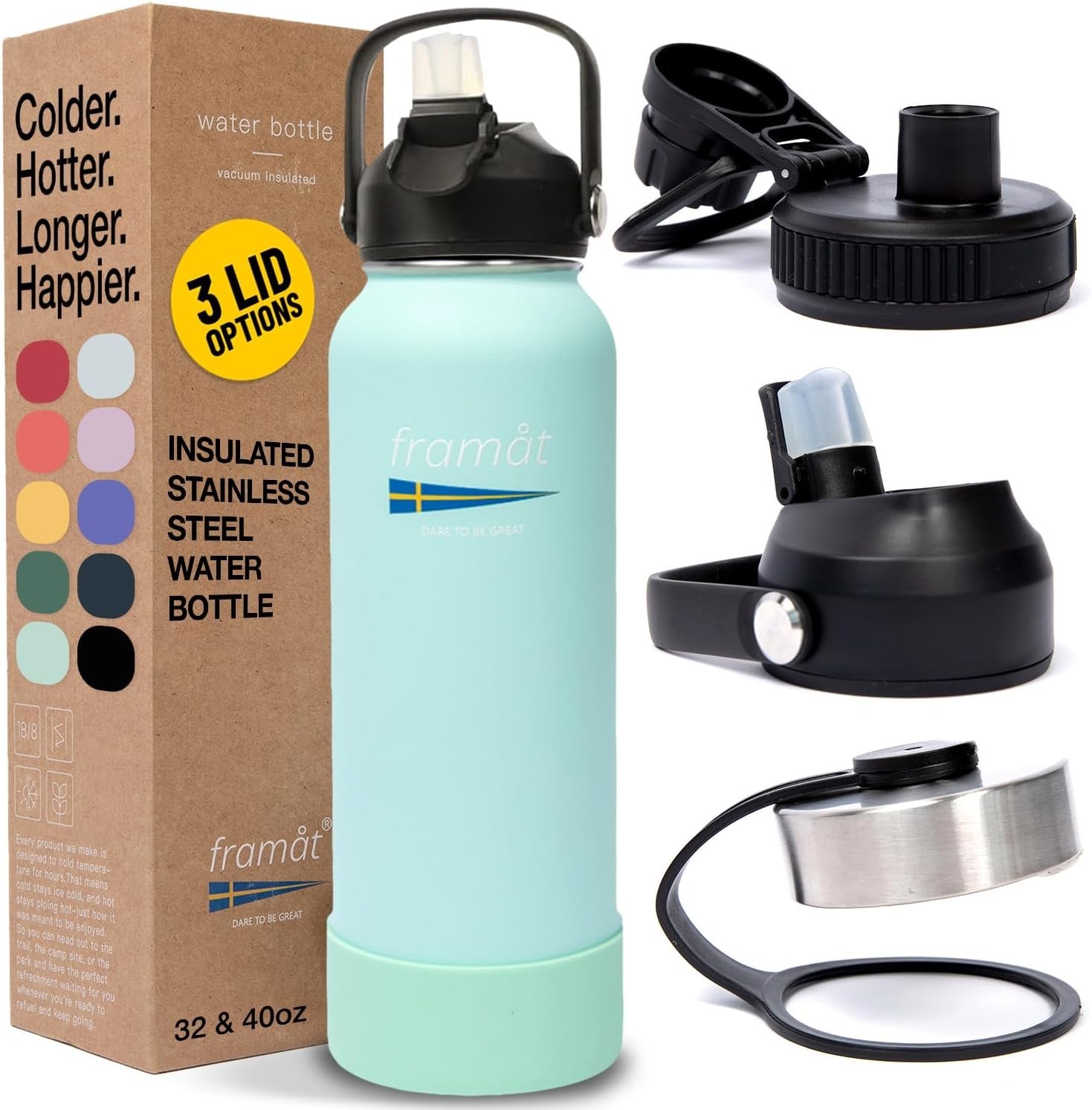 40oz Insulated Water Bottle Stainless Steel Leakproof Straw 3 Lids Kit