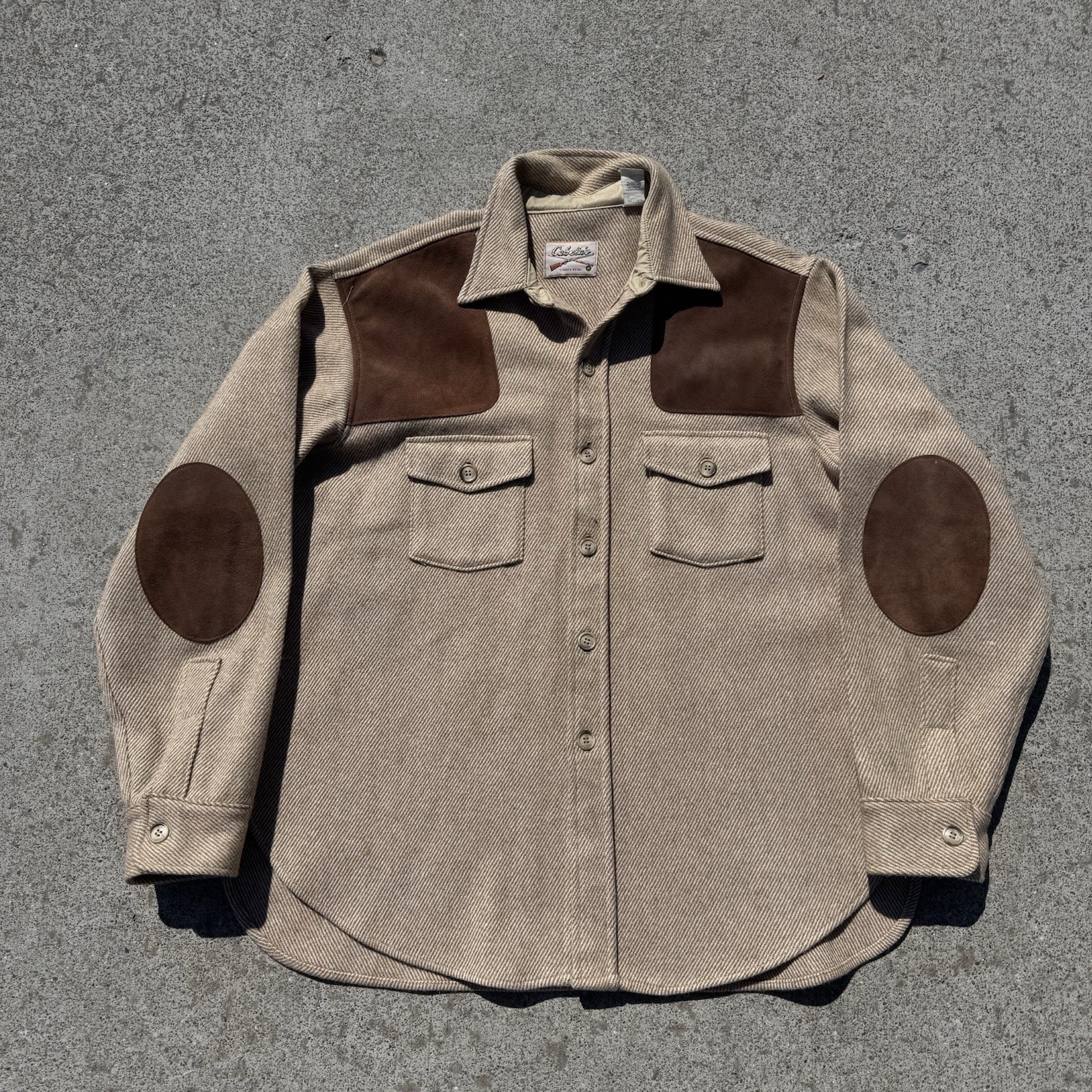 Vtg. Cabelas Wool Blend Hunting Shirt Tan Herringbone Shooting Patches Mens XL