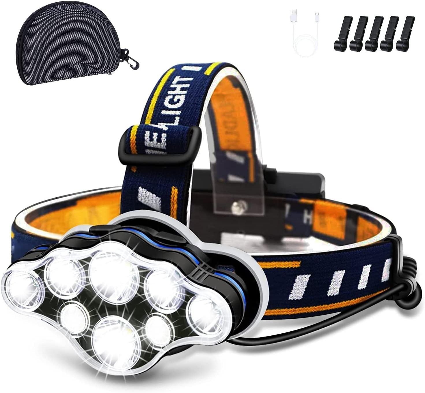 Rechargeable Headlamp: 8 LED Headlamp Flashlight 18000 Lumen 8 Modes w/ White…