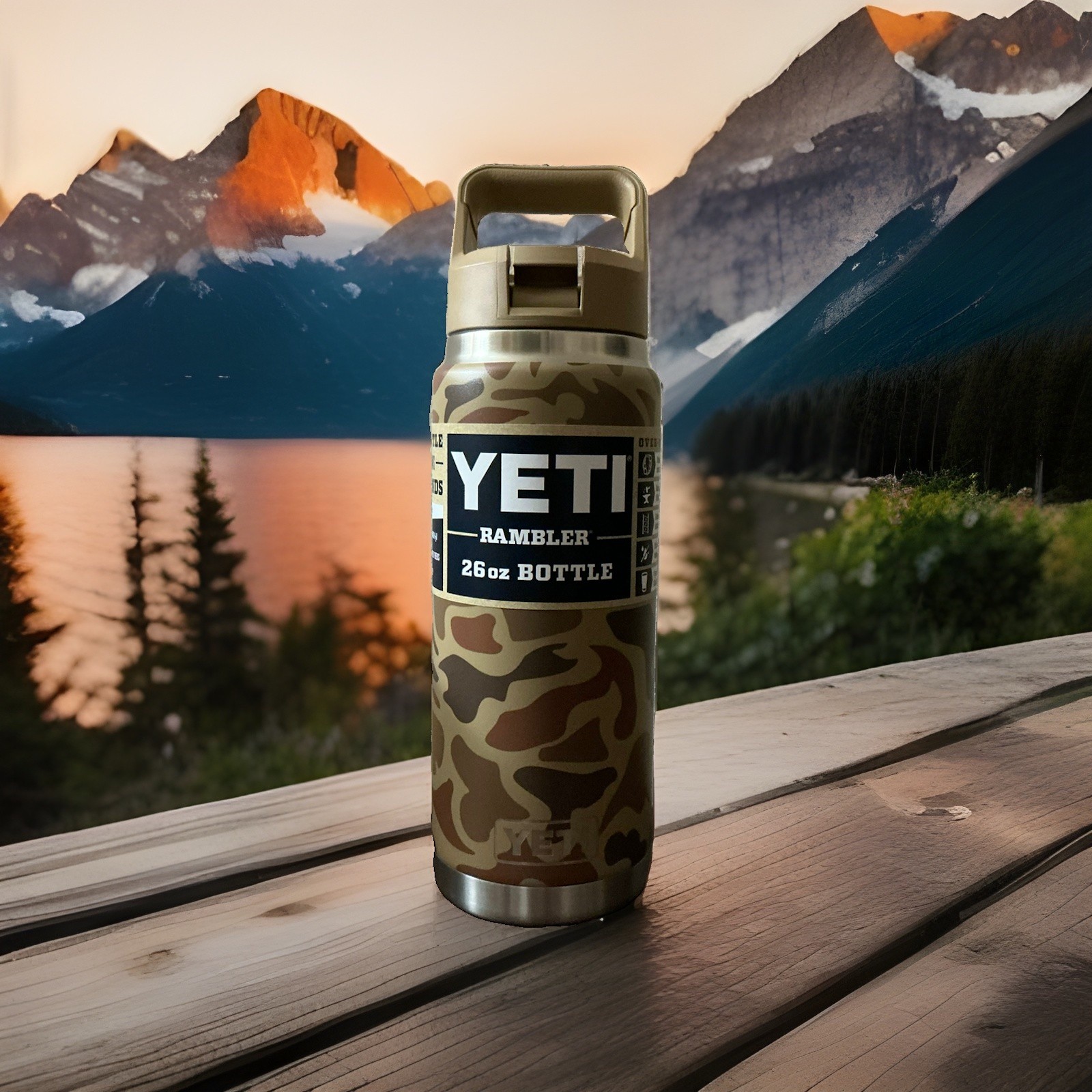 Yeti 26 Oz Rambler Bottle Wetlands Camo with Matching Straw Cap Limited Edition