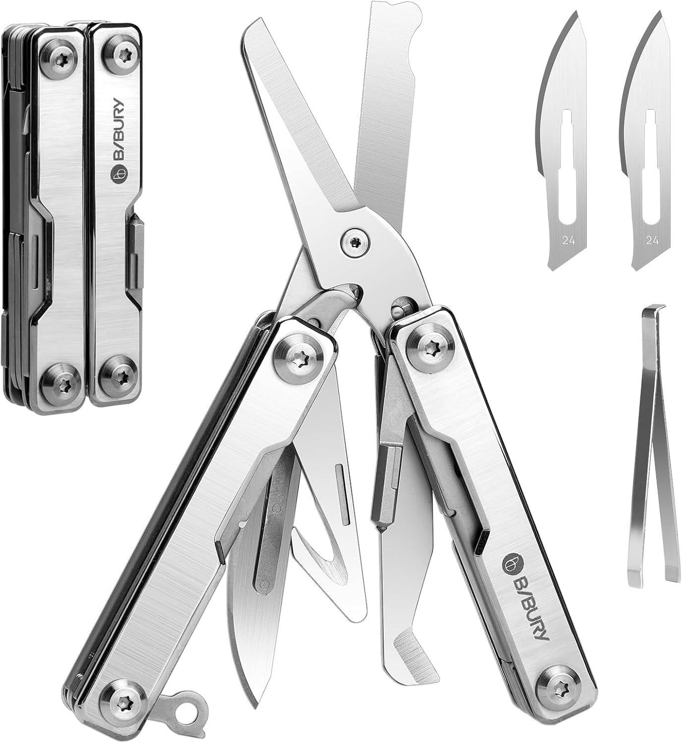 Folding Pocket Multitool EDC Knife Scissors Tweezers w/ Replaceable Craft Blades