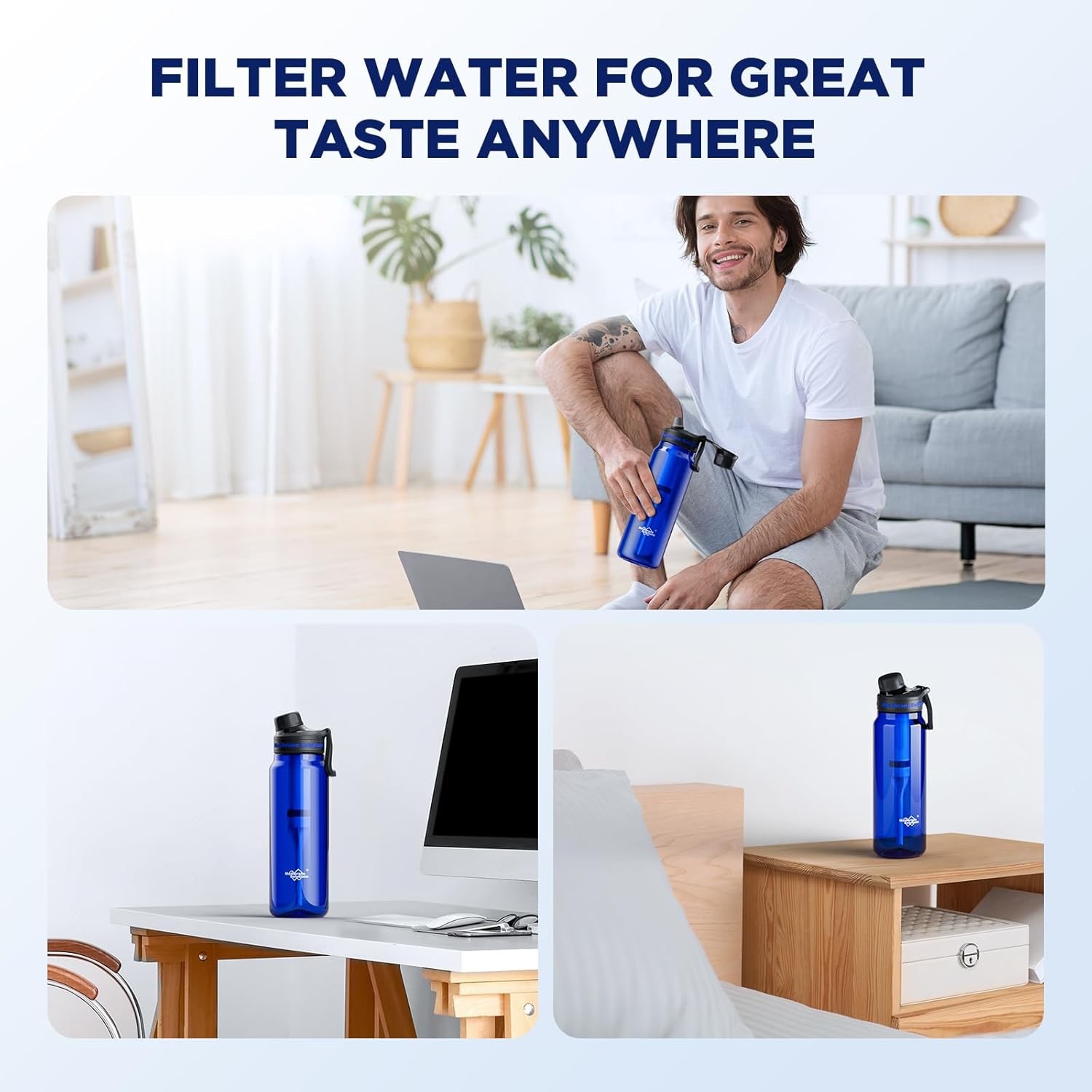 1060mL Water Filter Bottle, 2*Replaceable Filters for Daily Hydration Travel