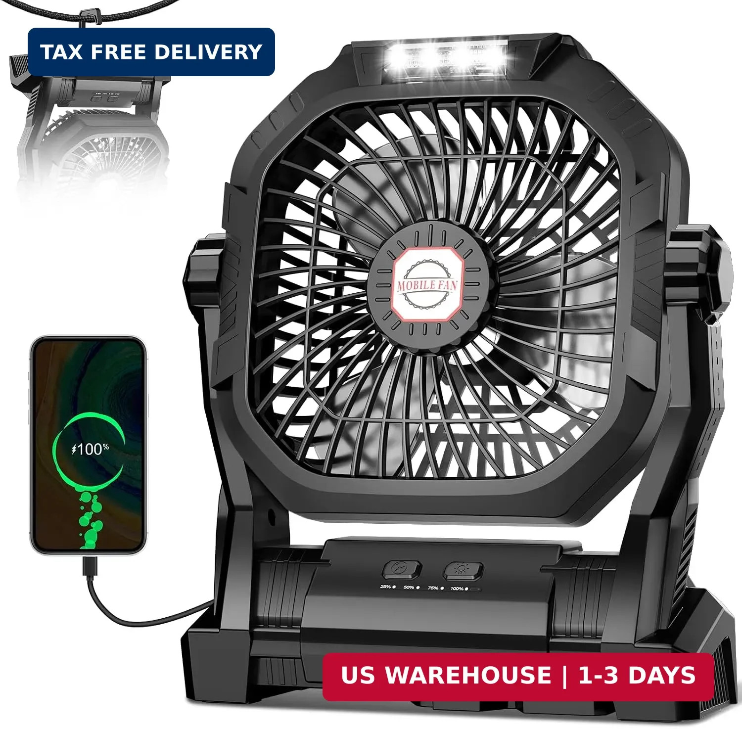 Camping Fan Rechargeable, 20000mAh Battery Powered Portable Fan with LED Light &