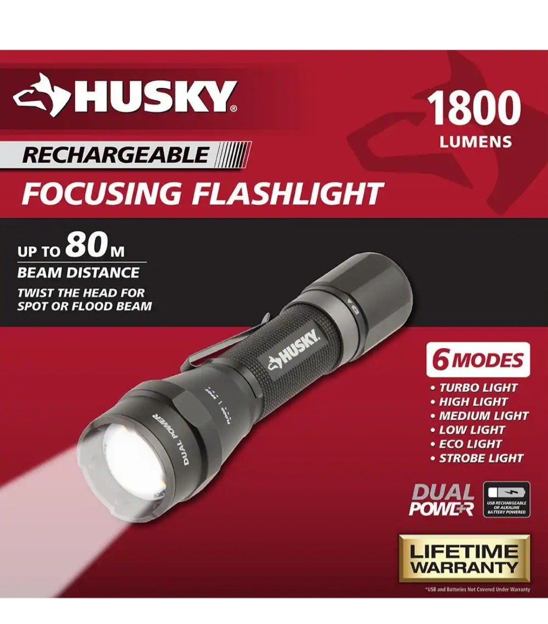 Husky 1800 Lumens Dual Power LED Rechargeable Tactical Focusing Flashlight