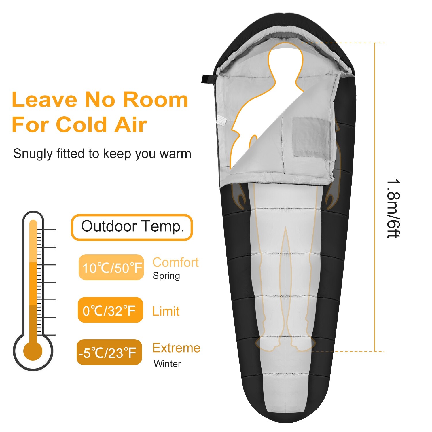 -5-10 ℃ Mummy Sleeping Bag Cold Weather Compact Travel Camping w/Carrying Case