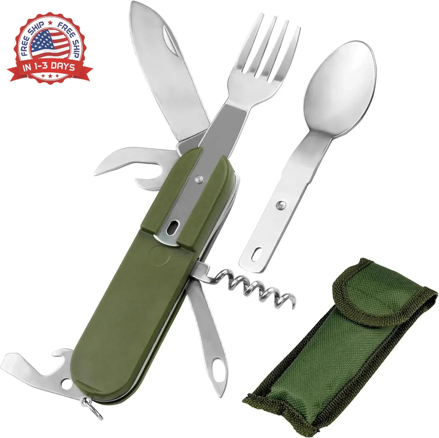 EZYoutdoor 7-in-1 Camping Utensils – Portable Stainless Steel Camping Fork Spoon